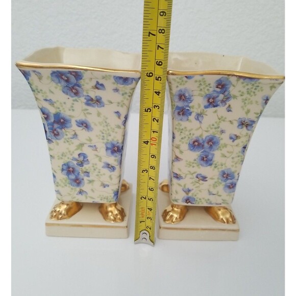 Princeton China Cachepot/flower vases w/gold claw feet & trim (PAIR) Mid Century - Picture 2 of 6